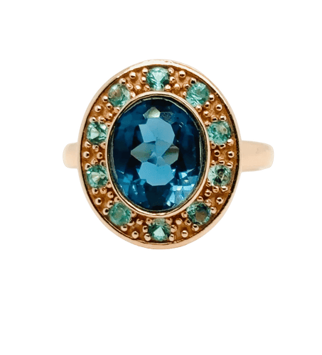 Bague 54 Bague - Topaze bleue et émeraudes en or rose 58 Facettes