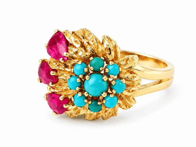 Bague 52 Bague en or jaune, turquoises et rubis 58 Facettes 33697