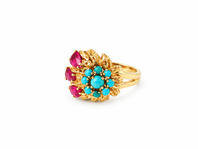 Bague 52 Bague en or jaune, turquoises et rubis 58 Facettes 33697