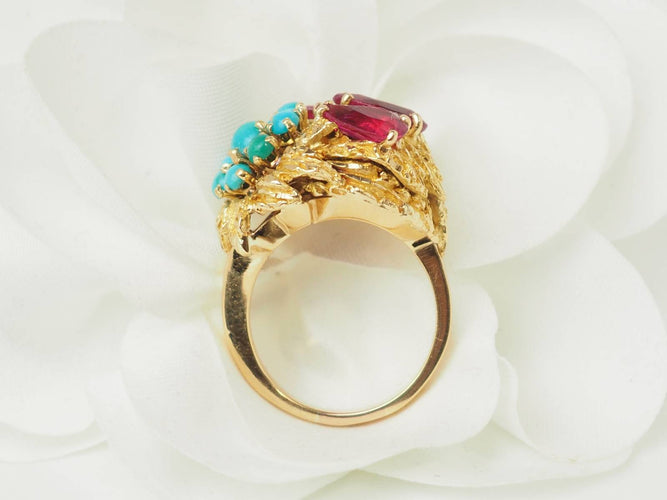 Bague 52 Bague en or jaune, turquoises et rubis 58 Facettes 33697