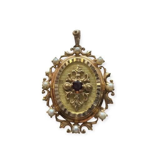 Pendentif Pendentif porte-photo ancien en or jaune 750 avec perles et grenat 58 Facettes 330094588