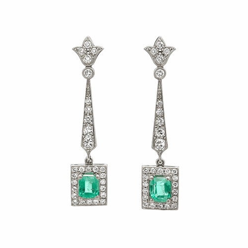 Boucles d'oreilles Boucles d'oreilles Art déco - Pendantes en platine, émeraude colombienne et diamants 58 Facettes 50441