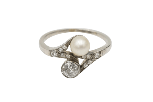 Bague 52 Bague Toi et Moi Art nouveau en or blanc 14 ct, perle et diamants 58 Facettes 11992