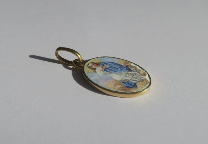 Pendentif Médaille pendentif - Porcelaine peinte en or jaune 18 carats 58 Facettes Medaille
