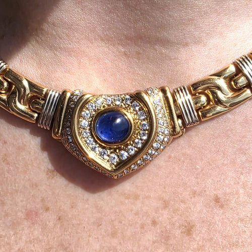 Collier Collier en or jaune et blanc 18 ct avec saphir cabochon et diamants 58 Facettes 227/26 A SHD 116/26