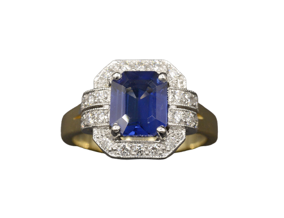 Bague Bague Art déco pans coupés en or jaune et blanc, saphir et diamants 58 Facettes A10826