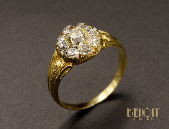 Bague 58 Marguerite - Bague ancienne en or jaune 750 diamants 58 Facettes A10234