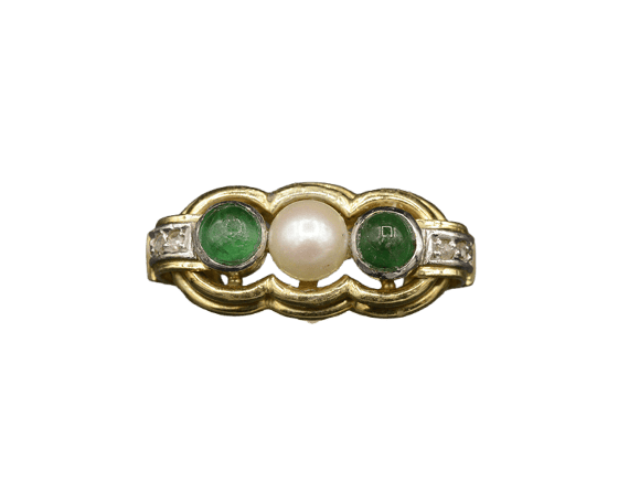 Bague Bague jarretière en or jaune, perle, émeraudes et diamants 58 Facettes A9703