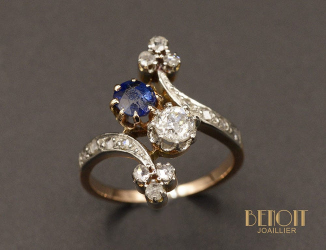 Bague Bague 1900 toi et moi en or rose, platine, saphir et diamants 58 Facettes A10231