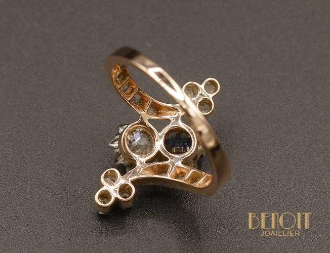 Bague Bague 1900 toi et moi en or rose, platine, saphir et diamants 58 Facettes A10231
