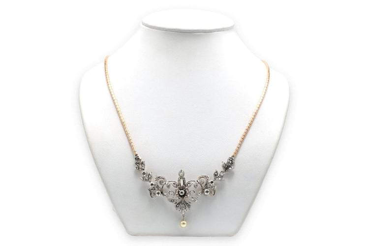 Collier Art nouveau - Collier pendentif en or jaune et blanc, diamants et perle 58 Facettes 23690
