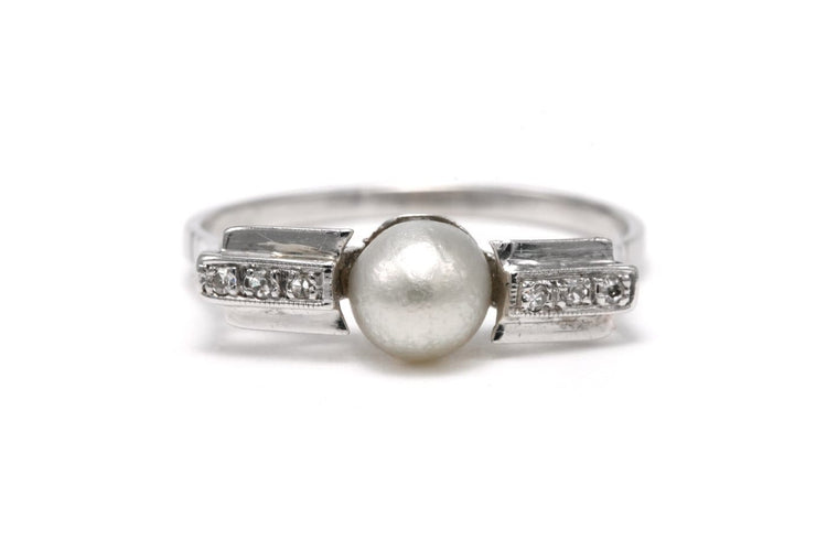 Bague 55 Bague Art déco en or blanc 18 carats avec perle et diamants 8/8 58 Facettes B843
