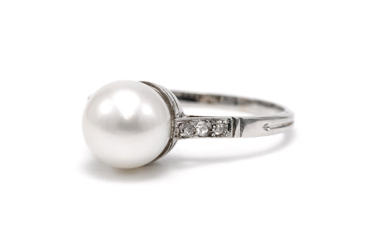 Bague 57 Bague Art déco en or blanc 18 carats, perle et diamants taille 8/8 58 Facettes B854
