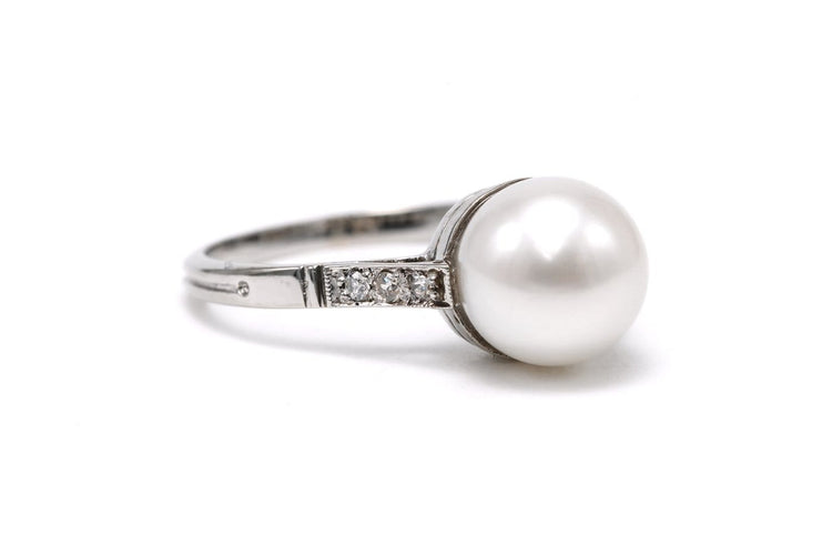 Bague 57 Bague Art déco en or blanc 18 carats, perle et diamants taille 8/8 58 Facettes B854