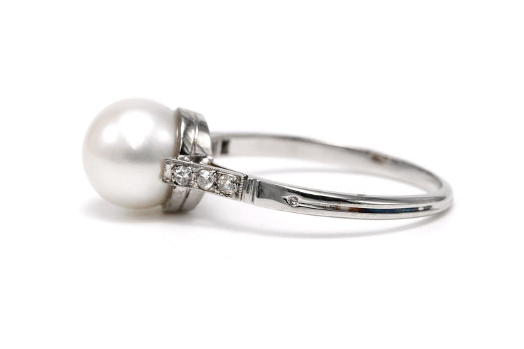 Bague 57 Bague Art déco en or blanc 18 carats, perle et diamants taille 8/8 58 Facettes B854