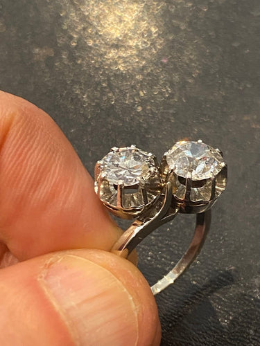 Bague 55 Bague toi et moi ancienne en or 18 carats et platine, diamants 2,90 ct 58 Facettes LP235