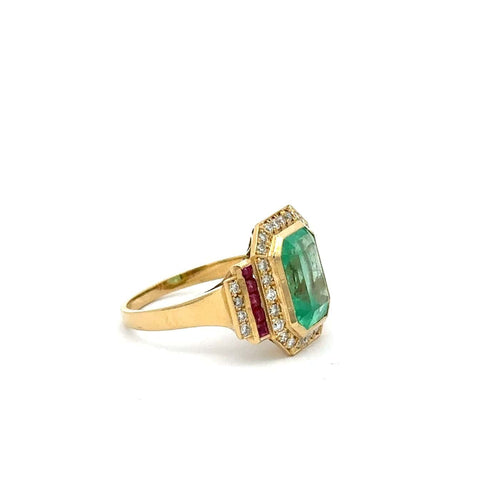 Bague 55 Bague - Émeraude colombienne certifiée, diamants et rubis en or jaune 18k 58 Facettes 50446