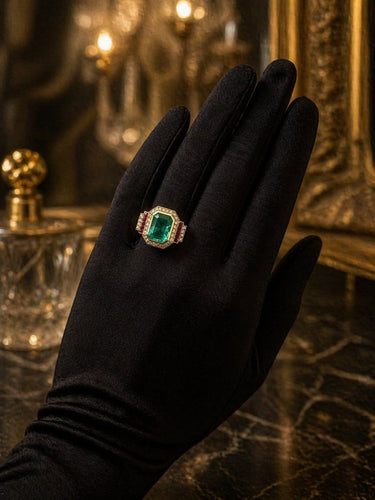 Bague 55 Bague - Émeraude colombienne certifiée, diamants et rubis en or jaune 18k 58 Facettes 50446