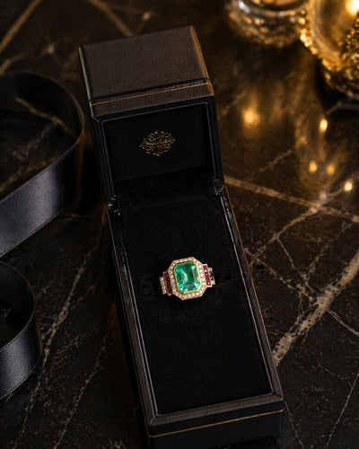 Bague 55 Bague - Émeraude colombienne certifiée, diamants et rubis en or jaune 18k 58 Facettes 50446