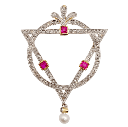 Pendentif Art déco - Pendentif en or 18k et platine, diamants, rubis et perle 58 Facettes A07029