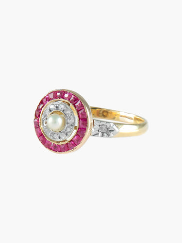 Bague Bague Art déco cible en or jaune 18 carats, diamants et rubis 58 Facettes BO/220012