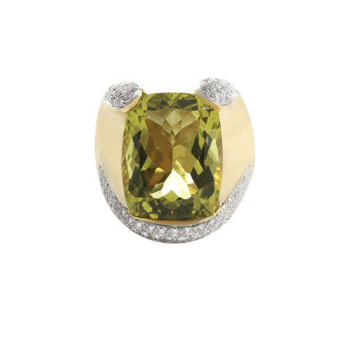 Ring i gult gull, kvarts og diamanter 
