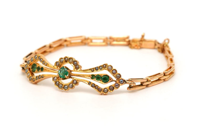 Bracelet Bracelet Art nouveau en or jaune 18 carats, émeraudes et perles 58 Facettes 23682