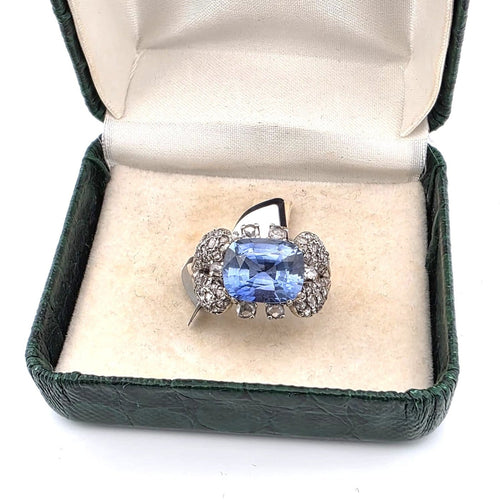 Bague 57 Bague en or blanc 18 ct avec saphir de Ceylan et diamants 58 Facettes OC