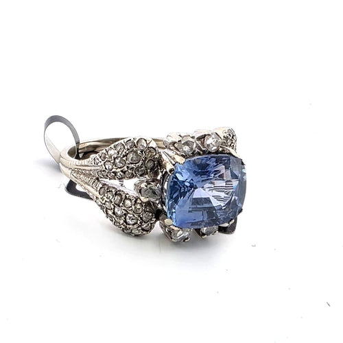 Bague 57 Bague en or blanc 18 ct avec saphir de Ceylan et diamants 58 Facettes OC