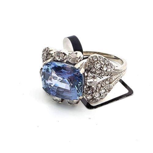 Bague 57 Bague en or blanc 18 ct avec saphir de Ceylan et diamants 58 Facettes OC