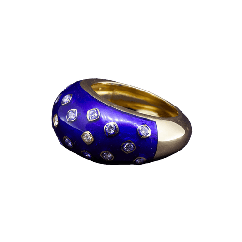 Bubble Ring - 18K黄金戒指，蓝色珐琅与钻石 