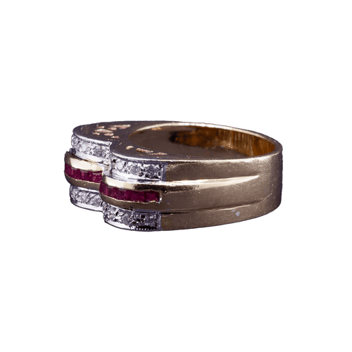 Bague Tank - Bague en or jaune 12K aux diamants et rubis 58 Facettes RING - 004