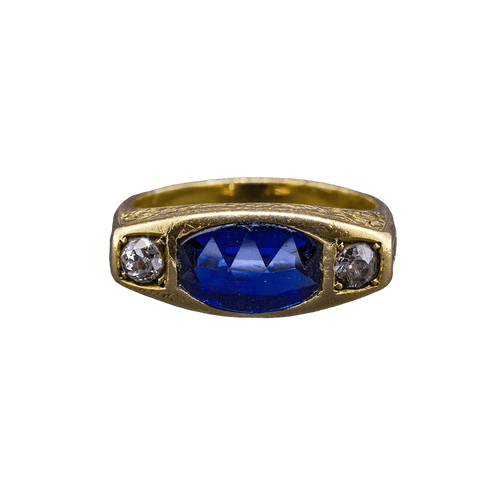 Bague Chevalière - Bague en or jaune 18K avec diamants et verre cobalt 58 Facettes RING - 006