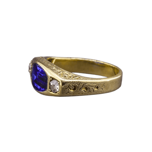 Bague Chevalière - Bague en or jaune 18K avec diamants et verre cobalt 58 Facettes RING - 006