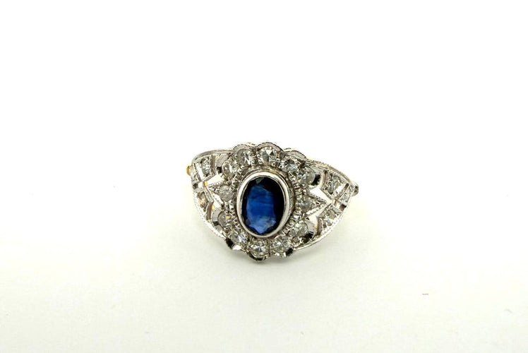 Bague 54 Anello en or jaune et blanc 18 kt avec saphir et diamants 58 Facettes 169/26 C