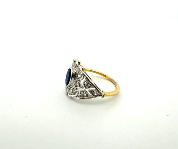 Bague 54 Anello en or jaune et blanc 18 kt avec saphir et diamants 58 Facettes 169/26 C