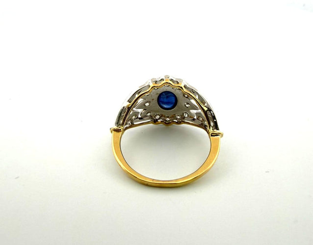 Bague 54 Anello en or jaune et blanc 18 kt avec saphir et diamants 58 Facettes 169/26 C