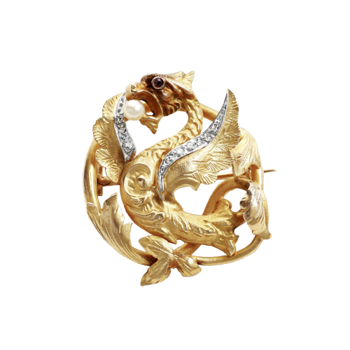 Kimärbrosch i gult guld, pärla och diamanter 
