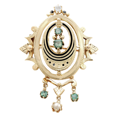 Antik broche fra det 19. århundrede i rosaguld, smaragder, perle og diamant 
