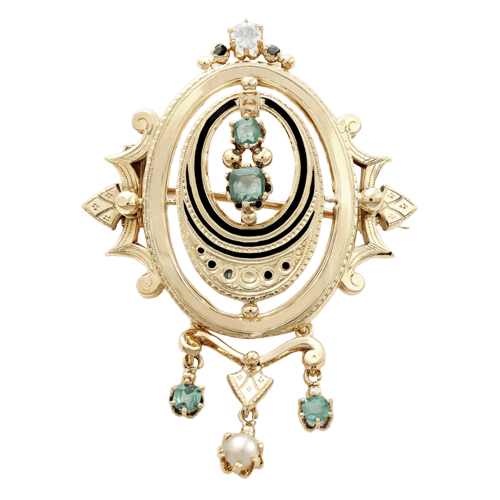 Broche Broche XIXe siècle en or rose, émeraudes, perle et diamant 58 Facettes OC-65000094