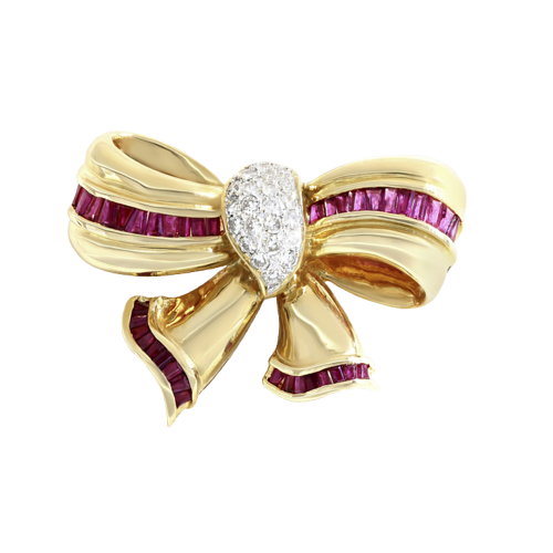 Broche Laço em ouro amarelo, rubis e diamantes 