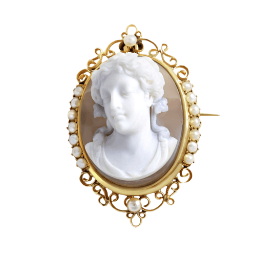 Broche Broche-pendentif camée sur agate en or jaune et perles fines 58 Facettes 65000054