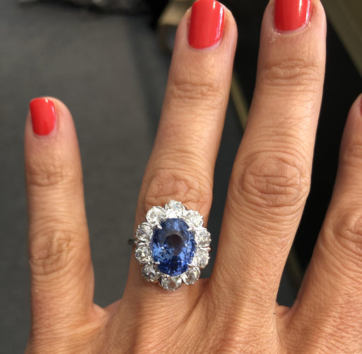 Bague Bague entourage en platine, saphir de Ceylan et diamants 58 Facettes 1