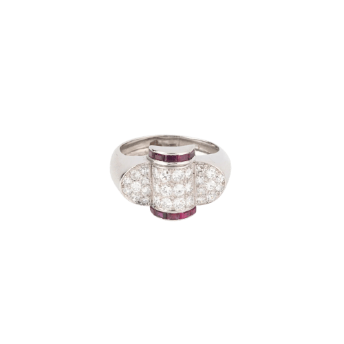 Bague 60 Bague tank - Bague en platine sertie de diamants et rubis calibrés 58 Facettes 1