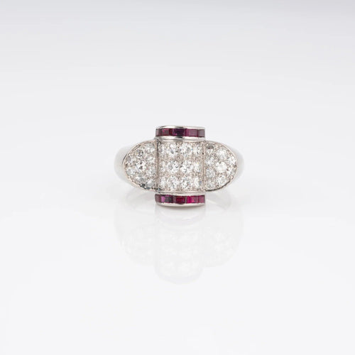 Bague 60 Bague tank - Bague en platine sertie de diamants et rubis calibrés 58 Facettes 1