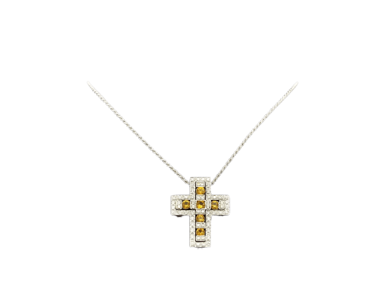 Collier Damiani Belle Époque - Collier croix en or blanc, diamants et saphirs jaunes 58 Facettes 9800