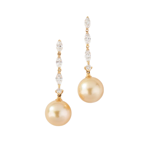 Dangling earrings in yellow gold, diamonds, and South Sea pearl 