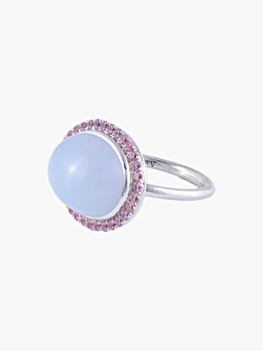 Bague 52 Bague en or blanc 18K calcédoine et saphirs roses 58 Facettes