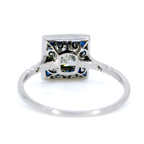 Ring 54 Firkantet ring i Platin med prinsesseslebet diamant og safirer 58 Facettes A52D1E6B2BA848FCB2519AA2A63CA801