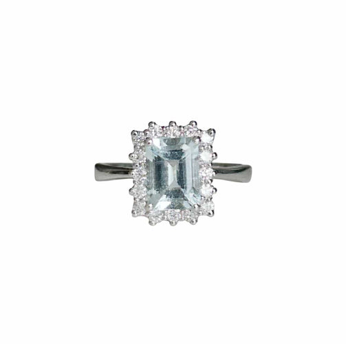 Bague 54 Bague en or blanc 18K sertie d'aigue-marine et diamants 58 Facettes 264